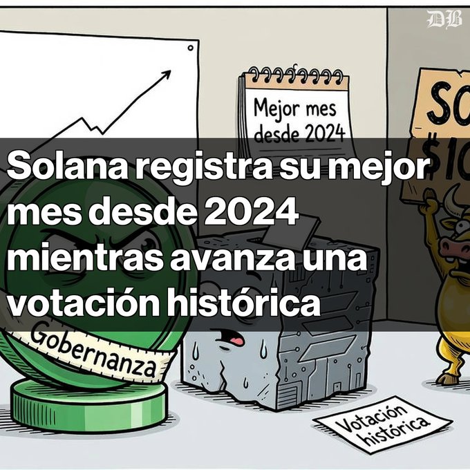 A Spanish-language illustration about Solana with the headline 'Solana registra su mejor mes desde 2024 mientras avanza una votación histórica', showing a green coin character and other cartoon figures.