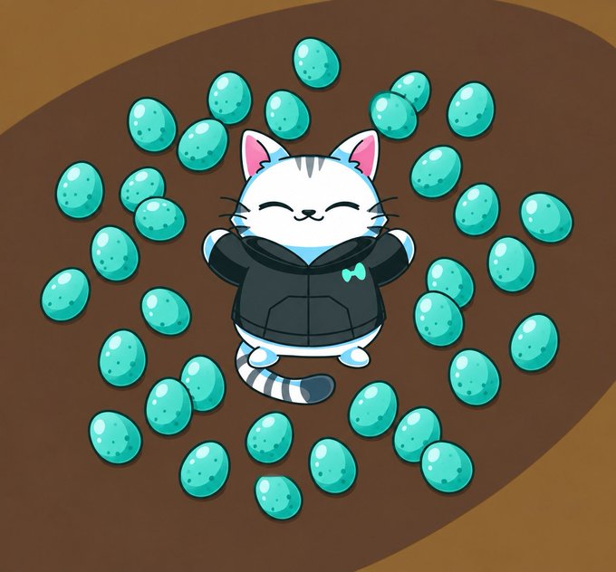 An illustration of a smiling cartoon cat wearing a black hoodie, surrounded by a circle of teal eggs on a brown background.