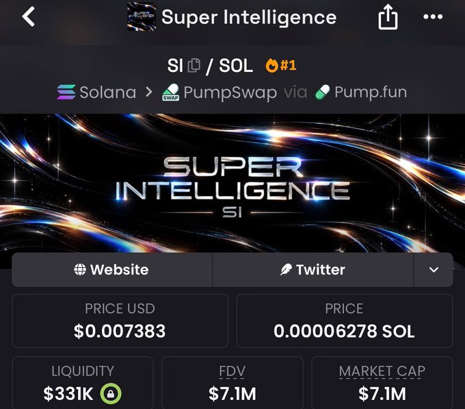 A Dexscreener page shows the "Super Intelligence" ($SI) Solana token with a price of $0.007383 (0.00006278 SOL), $331K liquidity, $7.1M FDV, and market cap, traded via PumpSwap on Pump.fun—aligning with the post's highlight of $SI's strong volume and upward momentum on the AI-to-Super Intelligence narrative.