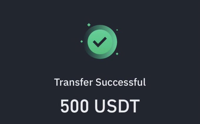 A dark-themed confirmation screen displays a green checkmark icon with the text "Transfer Successful" and "500 USDT" prominently shown. The image serves as a fake proof of payment to lure users into sharing their USDT wallet addresses under the guise of receiving the $500 giveaway mentioned in the post.