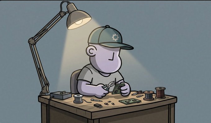 A cartoon illustration of a character with pale purple skin wearing a cap, sitting at a desk illuminated by a lamp, working with tools and small electronic components.