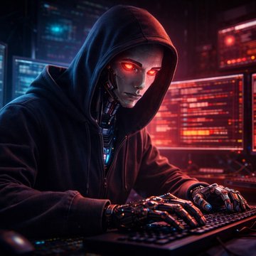 A hooded, robotic figure with glowing red eyes types intently at a keyboard amid neon-lit screens, embodying the rise of AI-driven crypto crime. The image visually reinforces the warning about deepfake scams and the 263% spike in losses reported by TRM Labs.