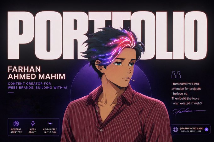 A portfolio banner featuring an anime-style portrait of Farhan Ahmed Mahim, labeled 'CONTENT CREATOR FOR WEB3 BRANDS, BUILDING WITH AI,' with the quote 'I turn narratives into attention for projects I believe in. Then build the tools I wish existed in web3,' and handle @FARHANONCHAIN.