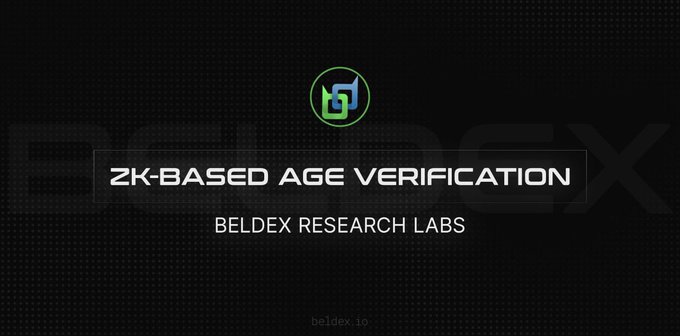 A dark graphic featuring the Beldex logo at the top, with the bold white text "ZK-BASED AGE VERIFICATION" and "BELDEX RESEARCH LABS" displayed in a centered rectangular frame. The image visually supports the post's discussion about Beldex's privacy-focused approach to age verification using zero-knowledge proofs, avoiding the need for personal identity documents.