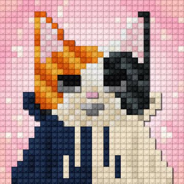 A pixel art/LEGO-style portrait of a calico cat with orange, black, and white fur against a pink background with white stars.