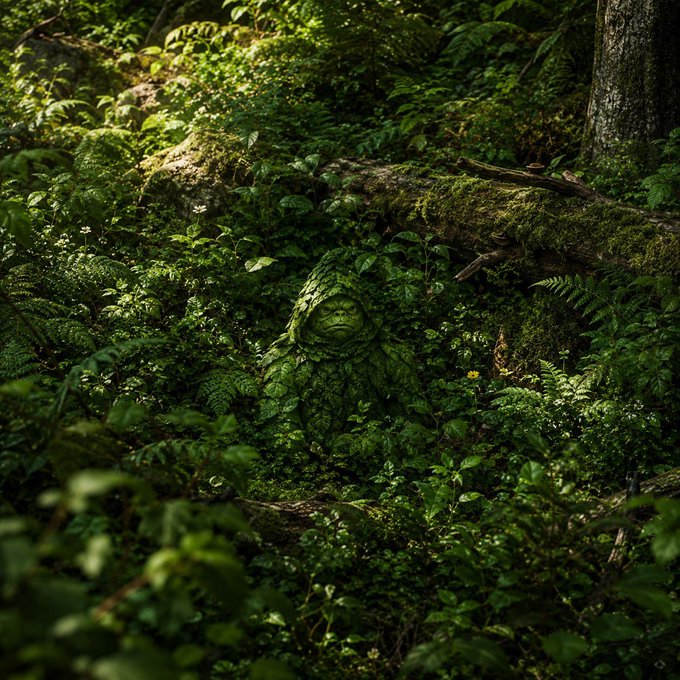The image features a statue of a person, possibly a frog or a tree, surrounded by lush green foliage. The statue is partially obscured by the surrounding plants, making it difficult to see at first glance. The background consists of various types of vegetation, including ferns and mosses, which further emphasizes the presence of the statue in this natural setting. The image also contains text that reads "Spot the hidden meme". This suggests that there might be a hidden or obscured object within the scene, possibly related to the statue or another element of the environment.