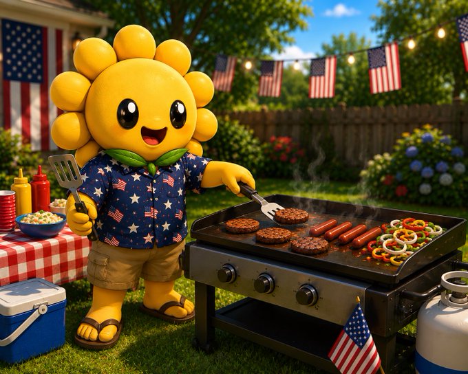 An AI-generated cartoon scene of a smiling sunflower character in an American flag shirt and khaki shorts grilling burgers and hot dogs at a backyard Fourth of July barbecue.