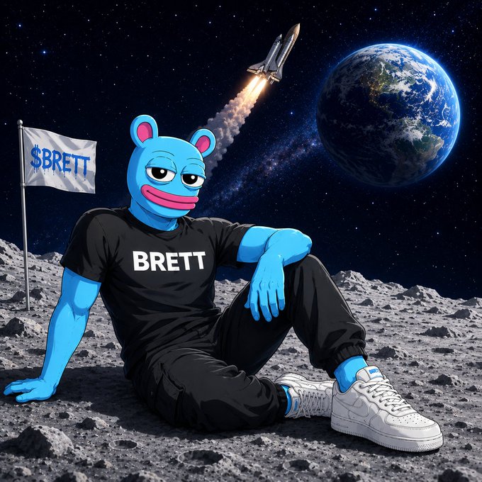 A digital artwork features a blue cartoon bear character wearing a black "BRETT" t-shirt, sitting on the moon's surface with Earth and a launching space shuttle in the background, next to a flag reading "$BRETT".