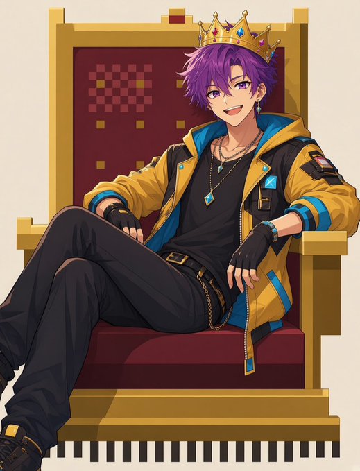 An anime-style character with purple hair and a crown sits on a pixelated throne, symbolizing leadership and governance in the decentralized community fund @themutualfun, where NFT holders vote on holdings and receive payouts.