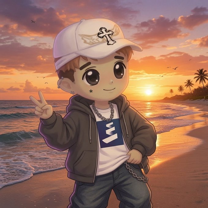The image features a cartoon boy standing at the beach, wearing a white baseball cap with an emblem of a cross on it. The boy has a chain around his neck and is holding a bag. In the background, there are palm trees visible near the ocean. The caption above the image reads "Banking hours are becoming outdated. Capital wants to move 24/7." This suggests that the image might be related to an advertisement or promotional material for a new banking app or service that operates 24/7 and offers tokenized cash trading capabilities.