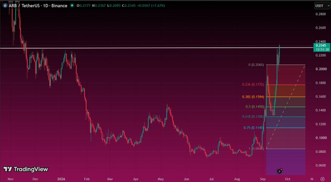 TradingView candlestick chart for ARB/TetherUS on Binance showing a price around 0.2346 with a +7.67% gain and Fibonacci retracement levels drawn on the chart.