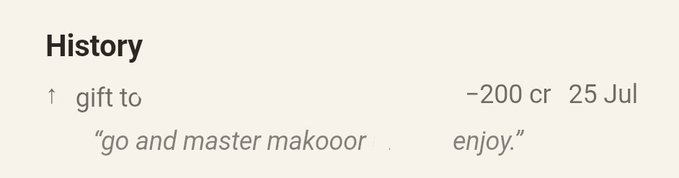 A transaction history entry shows a gift sent to user "makooor" around 25 July (-200 CR), accompanied by the message "go and master makoooor enjoy," corresponding to the post about gifting credits using $throbbin on @makooorx.