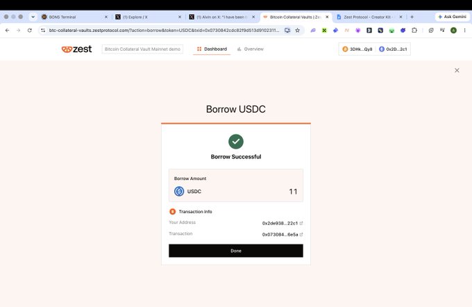 A screenshot of a Zest Protocol demo showing a successful 'Borrow USDC' transaction for 11 USDC, with transaction info and a 'Done' button visible.