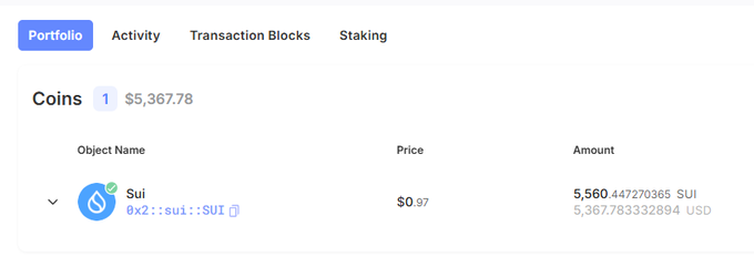 A screenshot of a cryptocurrency wallet showing a 'Portfolio' with 5,560.447270365 SUI tokens, currently priced at $0.97, with a total value of $5,367.783332894 USD.