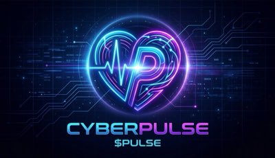 A neon-styled logo for 'CYBERPULSE $PULSE' featuring a glowing heart shape with an integrated heartbeat line, set against a dark circuit board background.