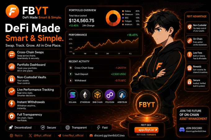 The main focus of the image is a screenshot from the FBYT platform, which appears to be an information screen or dashboard for trading crypto assets such as Bitcoin (BTC). The screen displays various features and statistics about the portfolio, including its performance and trends. A person wearing a hoodie can also be seen in this screenshot, adding some visual interest to the image. In addition to the content displayed on the FBYT platform, there is a caption that reads "I've been exploring @FBYTio recently. What stands out to me isn't just another trading platform. It's the vision of creating a transparent on-chain economy where both traders and investors can benefit together".