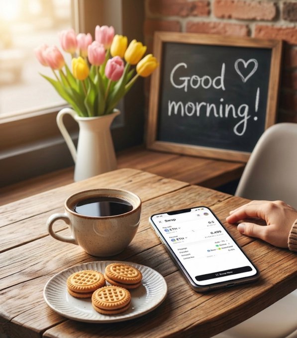 A cozy morning scene with a cup of coffee, cookies, a smartphone displaying a 'Swap' app, and a chalkboard reading 'Good morning! ♥' next to a vase of pink and yellow tulips.