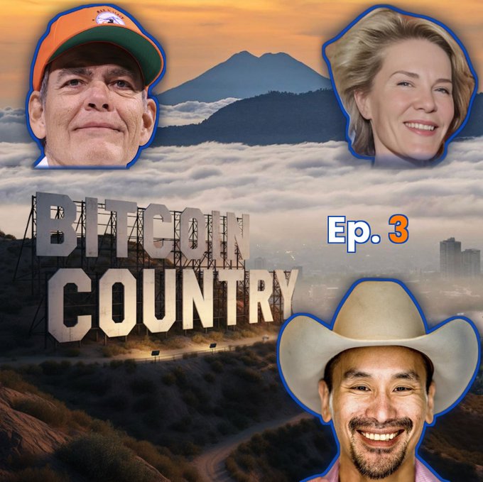 Podcast cover art titled 'BITCOIN COUNTRY Ep. 3' featuring a Hollywood-style sign on a mountainside with three cutout portraits of smiling people arranged around the title against a sunset mountain backdrop.