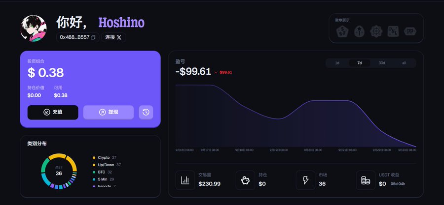 A dark-themed crypto dashboard in Chinese displaying '你好, Hoshino' with wallet address 0x488...B557, showing portfolio value of $0.38, profit/loss of -$99.61, a declining line chart, category distribution, trading volume of $230.99, and other metrics.