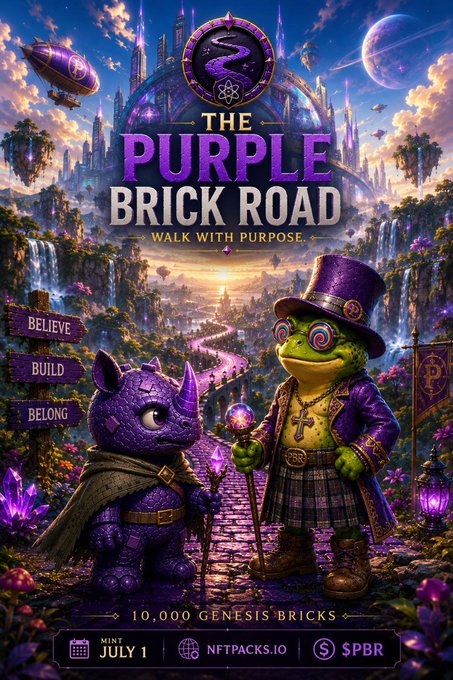 A vibrant fantasy poster promoting "The Purple Brick Road" NFT collection, featuring a wizard-like frog and a purple rhinoceros character along a glowing purple path, with text including "WALK WITH PURPOSE," the guiding words "BELIEVE, BUILD, BELONG," and a "Mint July 1" announcement tied to the nftpacks.io launch.