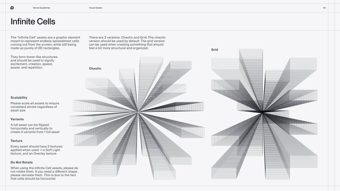 A document titled 'Infinite Cells' showing guidelines for graphic elements, featuring two geometric 3D structures labeled 'Chaotic' and 'Grid' along with sections on Scalability, Variants, Texture, and Do Not Rotate.