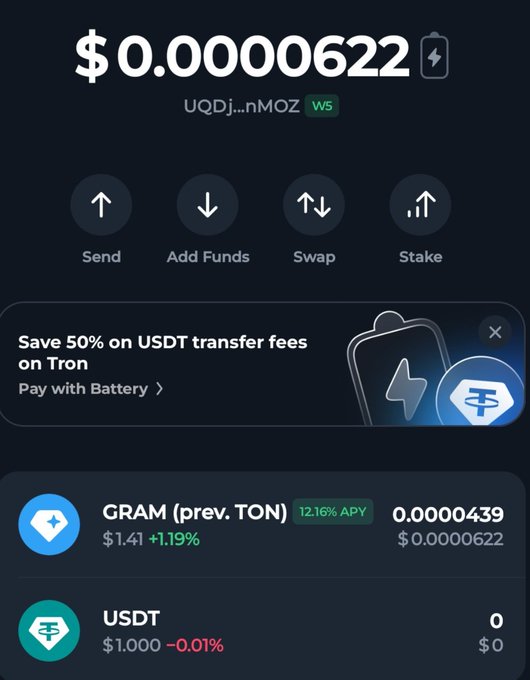 A mobile crypto wallet interface displaying a balance of '$0.0000622', with action buttons for Send, Add Funds, Swap, and Stake, alongside an offer to save 50% on USDT transfer fees on Tron.