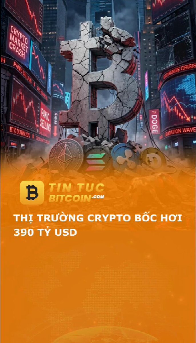 The image features a large, detailed illustration of a Bitcoin symbol with a cracked face, surrounded by various coins scattered around it. The background includes a cityscape filled with tall buildings and neon signs, creating an urban atmosphere. The caption below the image reads "THỊ TRƯỜNG CRYPTO BỐC HƠI 390 TỶ USD #bitcoin #ethereum #altcoins #cryptomarket".