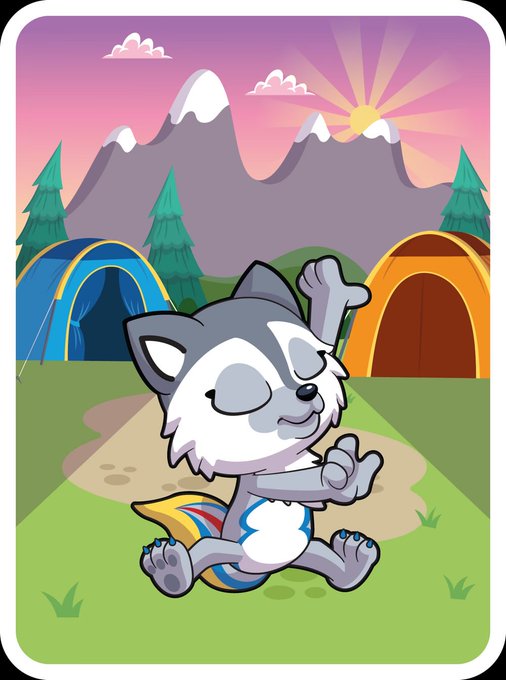 A cartoon illustration of a cheerful husky puppy wearing a diaper, sitting on grass in a campsite scene with tents, mountains, and pine trees in the background.
