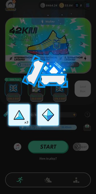 Mobile game screenshot showing a Stepn-style running interface with a 'Walker' shoe NFT, displaying 42KM stats, 118574 GST balance, and a 'START' button.