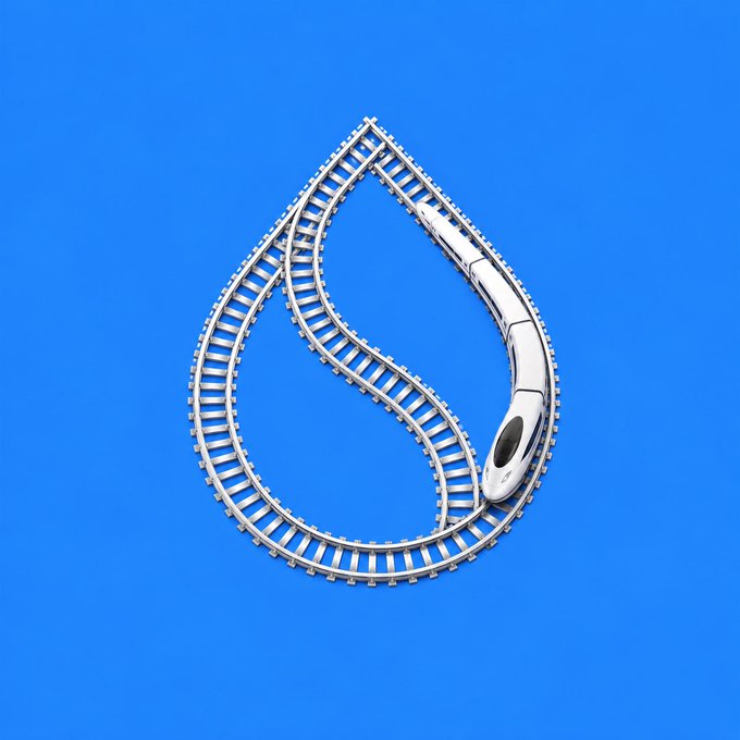 A 3D illustration of a white high-speed train navigating a curved, twisted railway track arranged in a teardrop/loop shape against a solid blue background.