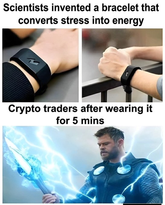 A meme titled 'Scientists invented a bracelet that converts stress into energy' showing the 'Ava bracelet', followed by 'Crypto traders after wearing it for 5 mins' depicting Thor wielding lightning.