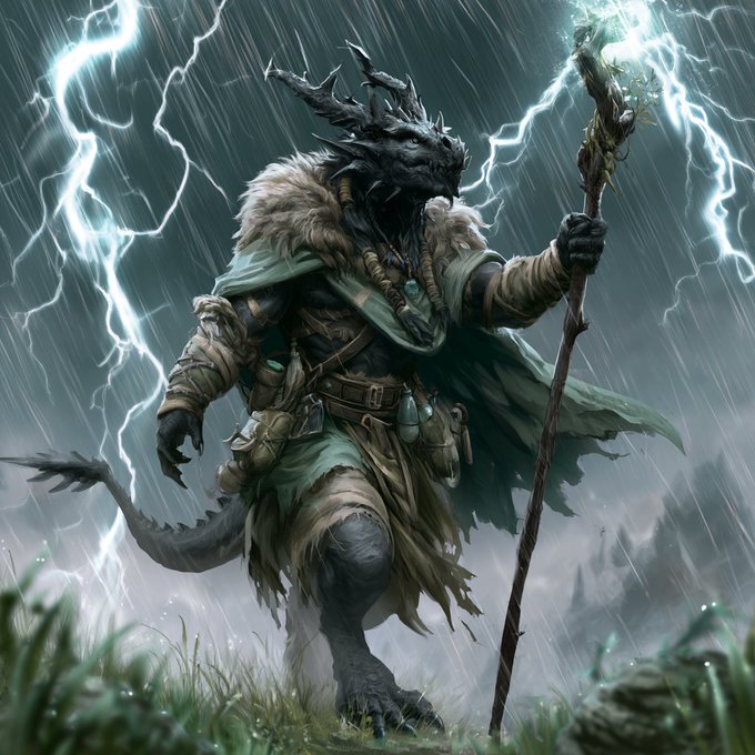 Digital art of a fierce dragon-like humanoid warrior with horns and fur cloak, wielding a glowing staff amid dramatic lightning and rain.