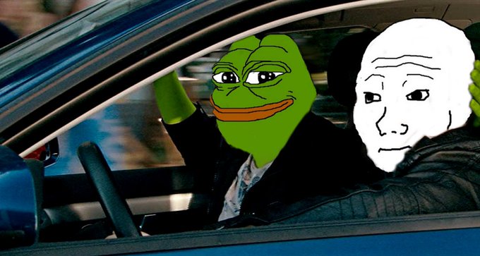 A meme image showing two figures in a car—one with a Pepe the Frog face and another with the classic Wojak face—both drawn over what appears to be a movie scene.