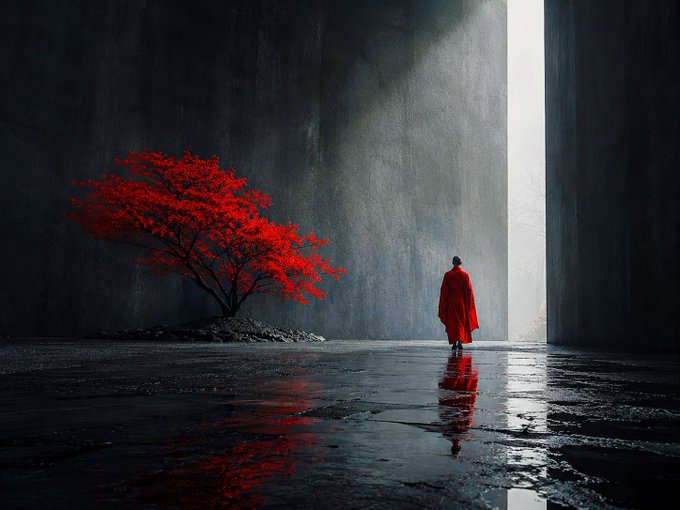 An artistic image featuring a figure in a red robe walking through a dark, atmospheric space with a striking red-leafed tree illuminated by a beam of light.