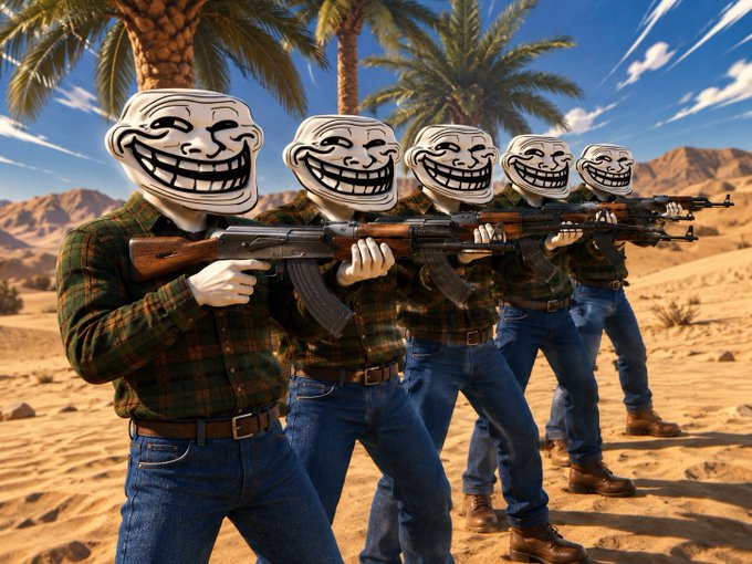 Five figures wearing trollface masks and plaid shirts pose in a desert landscape with palm trees, all holding rifles in a uniform stance.