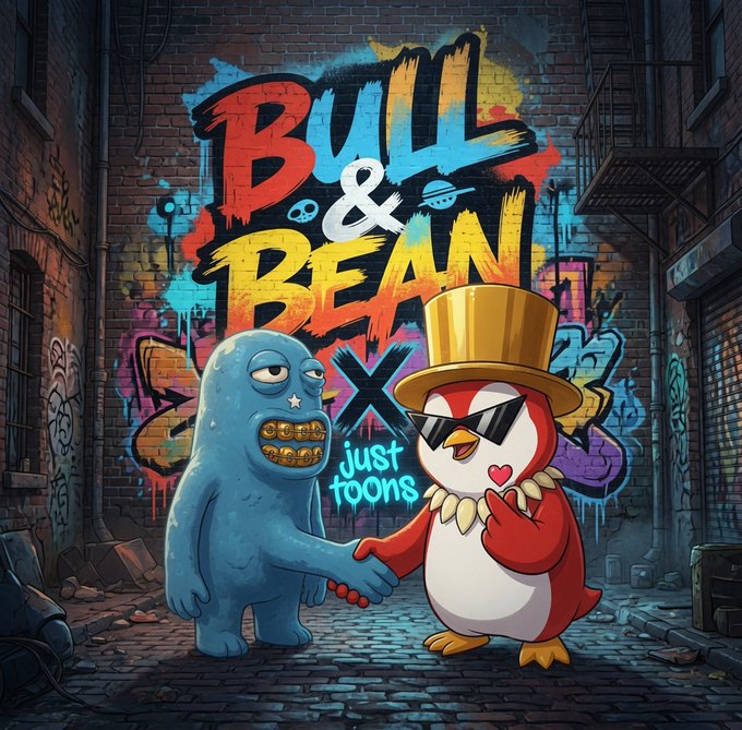 Graffiti-style illustration titled 'Bull & Bean x Just Toons' showing a blue monster with gold teeth shaking hands with a red bird character wearing a gold top hat and sunglasses, set in an alleyway.