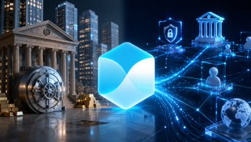A glowing blue cube-shaped icon radiates light beams across a digital cityscape, flanked by a classical bank vault, a neoclassical government building marked "SON," and interconnected network nodes symbolizing financial transparency—visually echoing the post's description of locking in a fixed 3.5% interest rate on TermMaxFi amid uncertain borrowing conditions.