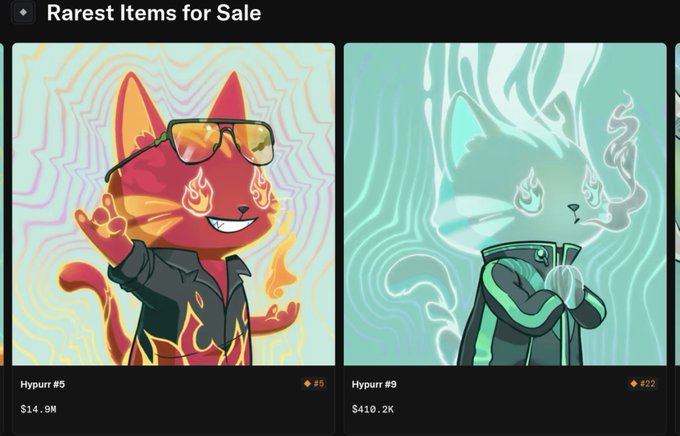 A marketplace listing titled "Rarest Items for Sale" displays two Hypurr NFT cards: Hypurr #5 priced at $14.9M (#5) and Hypurr #9 priced at $410.2K (#22), with the latter matching the post's mention of Hypurr #9 listed for $410K by izebel_eth on the Hyperliquid marketplace.