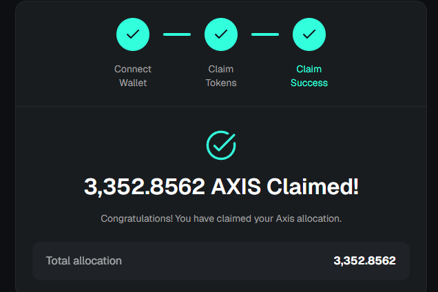 A dark-themed confirmation screen shows a successful three-step flow—“Connect Wallet,” “Claim Tokens,” and “Claim Success”—and announces, “3,352.8562 AXIS Claimed!” with the same amount listed under “Total allocation.” It illustrates the accompanying post’s claim of a four-figure AXIS airdrop through the Kaito AI and Axis Robotics campaign.
