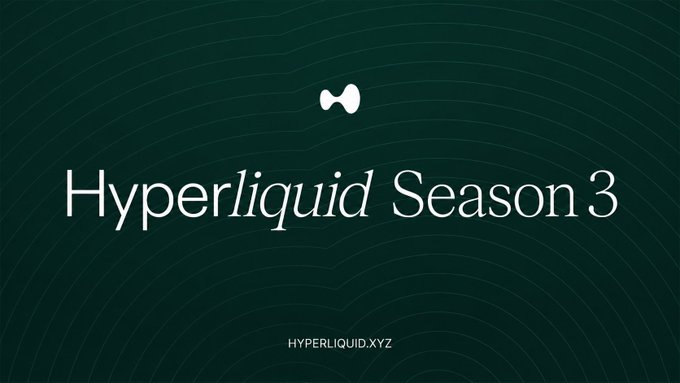 A promotional graphic with a dark green background displays "Hyper*liquid* Season 3" in white text, centered with the platform's distinctive icon above and "HYPERLIQUID.XYZ" below. The image ties to the post by visually teasing the potential catalysts—Jeff's season 3 announcement and airdrop—that the author believes could send the Hyperliquid ecosystem sharply upward.