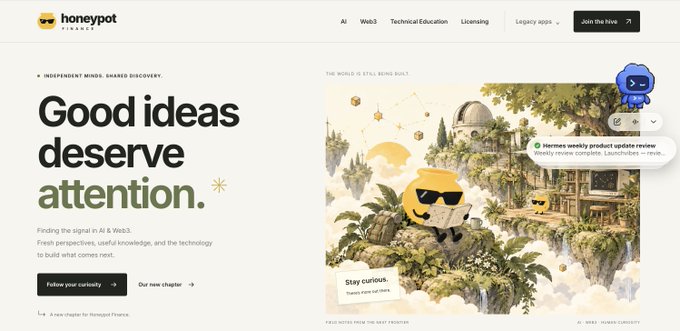 The Honeypot Finance website homepage displaying the headline 'Good ideas deserve attention' with navigation tabs for AI, Web3, Technical Education, and Licensing.