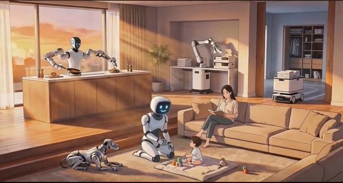 An illustration of a futuristic home scene with multiple humanoid and animal-like robots assisting a woman and child with daily activities in a warmly lit living room.