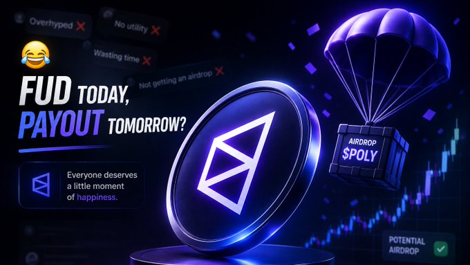 Promotional crypto graphic featuring a blue glowing token and a parachute box labeled 'AIRDROP $POLY', with text reading 'FUD TODAY, PAYOUT TOMORROW?', 'Everyone deserves a little moment of happiness', 'POTENTIAL AIRDROP', and various crossed-out tags like 'Overhyped', 'No utility', 'Wasting time', and 'Not getting an airdrop'.