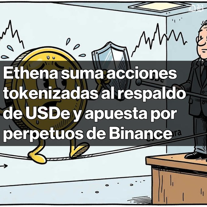 A political cartoon with Spanish text 'Ethena suma acciones tokenizadas al respaldo de USDe y apuesta por perpetuos de Binance', showing an anthropomorphized sweating gold coin being interrogated with a shield by a man in a suit.