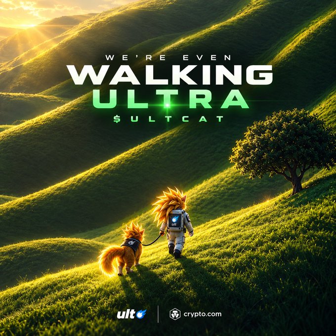 A promotional image for "WALKING ULTRA $ULTCAT" displays an anime-style character walking with a cat-like creature across green hills, featuring logos for "ult" and "crypto.com" at the bottom.