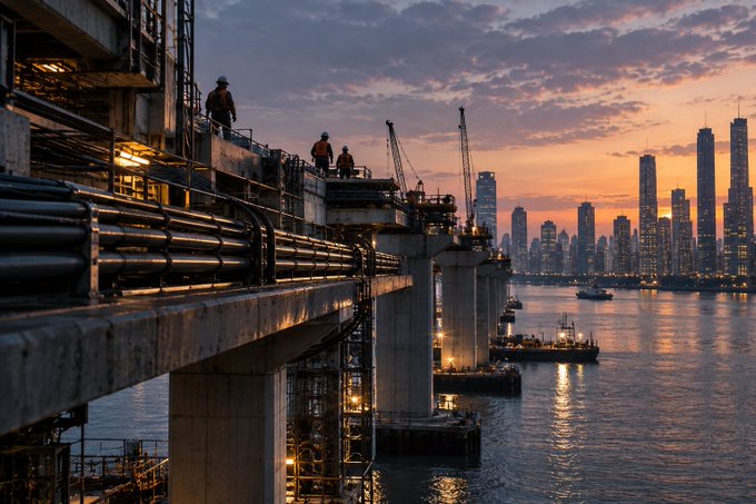Construction workers in hard hats stand on a massive bridge under construction at dusk, with a city skyline of illuminated skyscrapers visible across the water in the background.