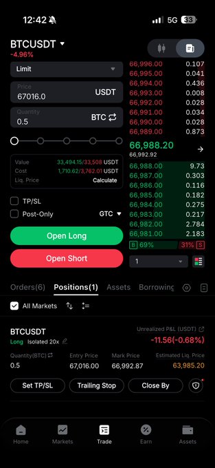 The image shows a black phone screen with an open trading app displaying a list of cryptocurrency trades. There are three Bitcoin transactions currently active on this app's dashboard. The main trade involved here is buying Bitcoin, which has resulted in a loss for the user. The trade value amounts to 0.29 Bitcoin. In addition, there's another cryptocurrency listed - Ethereum, and yet another one that could be Ripple. The trading app also provides information about closing positions and orders set at specific time intervals. One of these sets appears to be executed with a trade ending in a loss of 1 Bitcoin as well.