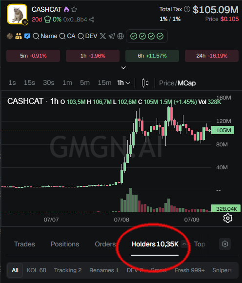 The image shows a GMGN trading chart for the "CASHCAT" token on Solana, displaying a market cap of $105.09M and a price of $0.105, with a notable 24h change of -16.19% but a 6h gain of +11.57%. Circled in red at the bottom is "Holders 10,35K," highlighting the relatively low number of token holders despite the high market cap, which visually supports the post's skepticism about inflated holder counts on Solana tokens or discrepancies with Robinhood listings.