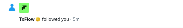 The image shows a grey background with a message written in white text that reads "Tx Flow followed you @5m". The main focus of the post is the green symbol, which could be either a thumbs-up or thumbs-down gesture depending on the context. It seems like the post has been shared and likes have been shown for this message about the account's following by users.