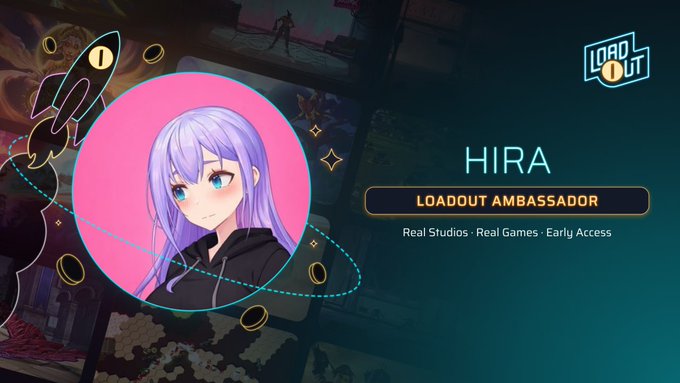 An anime-style avatar with purple hair labeled "HIRA" is featured as a "LOADOUT AMBASSADOR" under the Loadout logo, promoting the platform's mission of early access to real games from real studios, which aligns with the post's excitement about discovering promising games early through the Loadout Protocol.